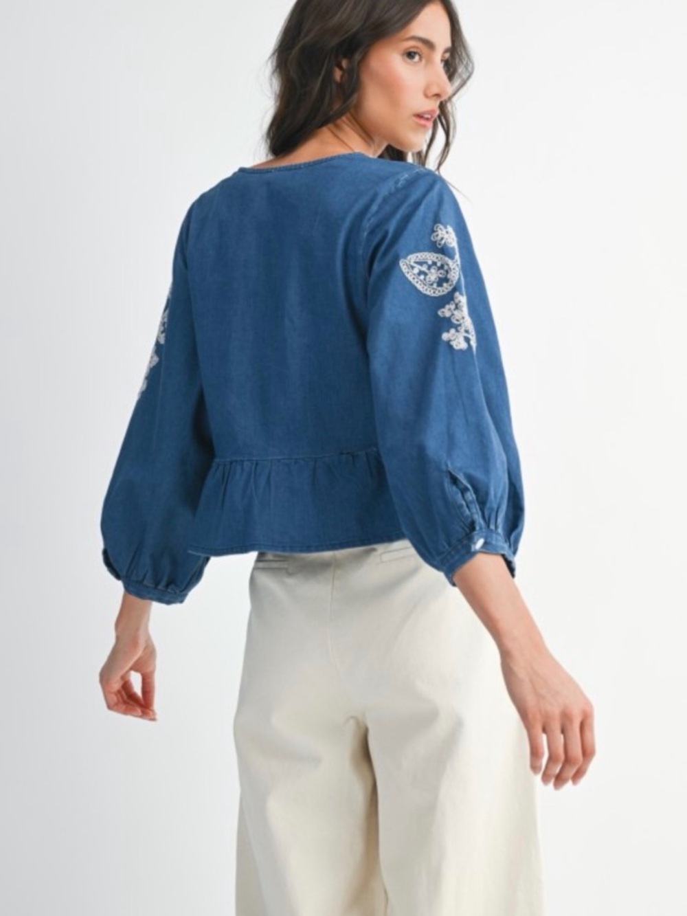 A380. Embroidered V-Neck Peplum Top - Blue - Picture 7 of 8